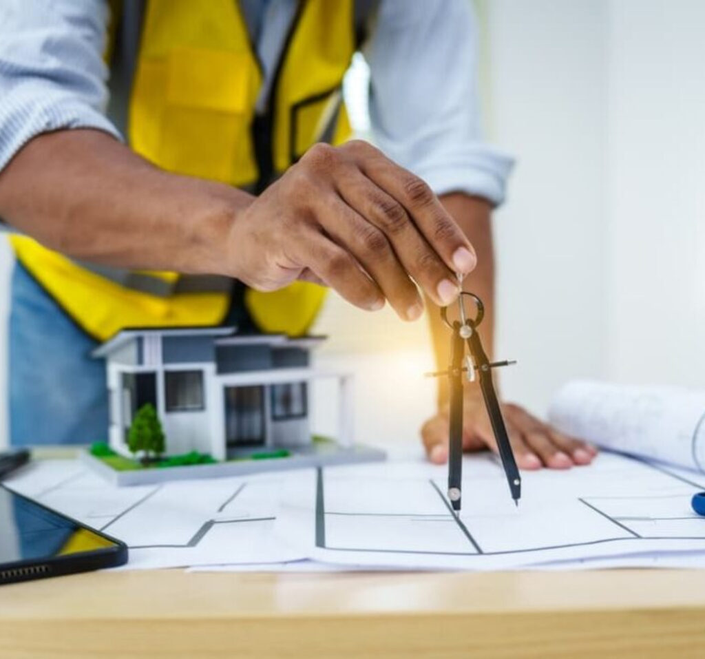 Person in a yellow safety vest uses a compass on architectural blueprints, with a small house model nearby as a planning scene, indoor.